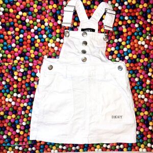DKNY sz 5 Girls Youth White Cotton Stretch Denim Jeans Overalls Dress Jumper